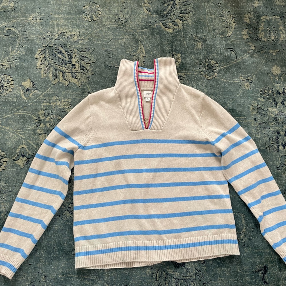 J. Crew Cream Sweater with Light Blue Stripes and Pink-Trimmed Cowl